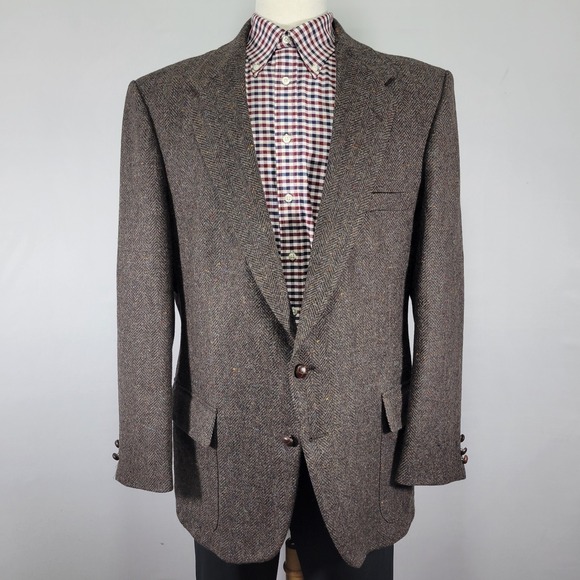 VTG Farah Mens Tweed Sport Coat Blazer Two Button 46L Brown Herringbone Wool 46L